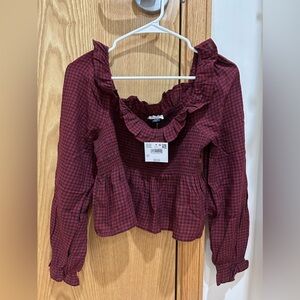 NWT American Eagle long sleeve smocked ruffle plaid top